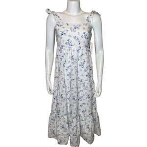 Shoshanna Tie Shoulder Midi Dress 0 XS White Blue Floral Sundress NWT